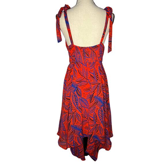 ALEXIS Sundress Size S in Red Orange and Blue Leaves Asymmetrical Hem - Picture 3 of 5